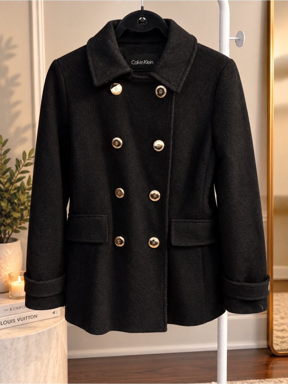 Calvin Klein Double-Breasted Wool Pea Coat Black Size 4